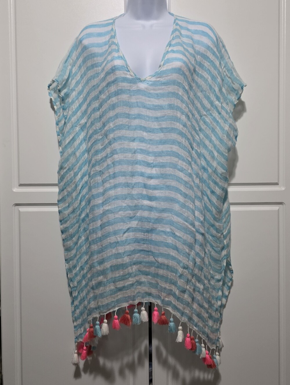 Womens Light Blue White Stripe Sheer w Multicolor Tassel Beach Dress Cover Up